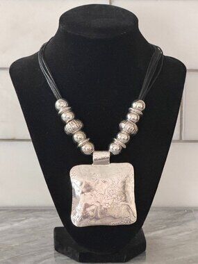Erica Lyons Chunky Silver Statement Necklace - Textured Square Pendant